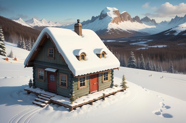 Photo in winter roof of the wooden house at foot of snow capped mountains is covered with thick snow