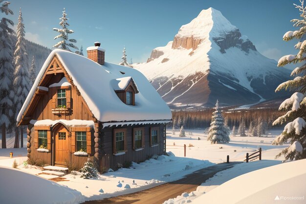 Photo in winter roof of the wooden house at foot of snow capped mountains is covered with thick snow