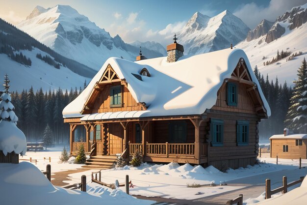 In winter roof of the wooden house at foot of snow capped mountains is covered with thick snow