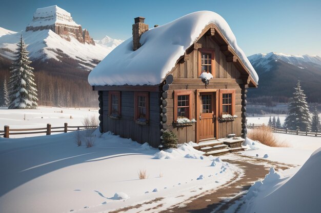 In winter roof of the wooden house at foot of snow capped mountains is covered with thick snow