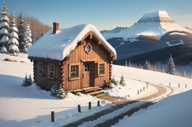 In winter roof of the wooden house at foot of snow capped mountains is covered with thick snow