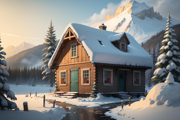 In winter roof of the wooden house at foot of snow capped mountains is covered with thick snow