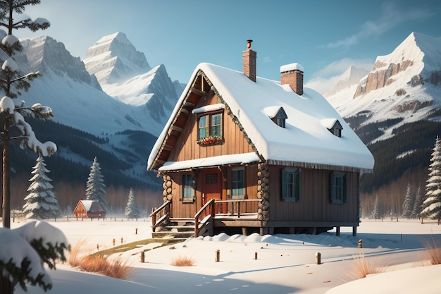 In winter roof of the wooden house at foot of snow capped mountains is covered with thick snow