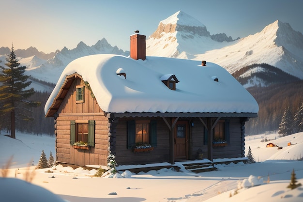 In winter roof of the wooden house at foot of snow capped mountains is covered with thick snow