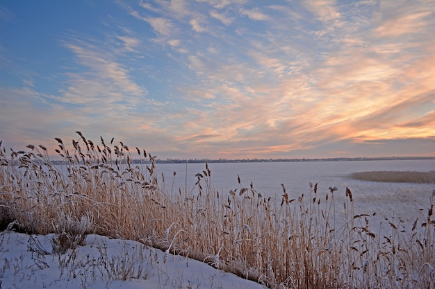 Winter rural landscape. Lake in winter.