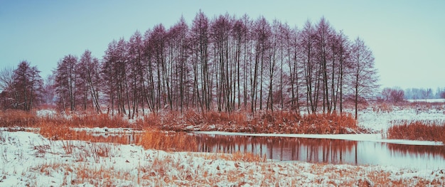 小川のある冬の田園風景 野原に初雪 冬の自然 自然背景 横長バナー