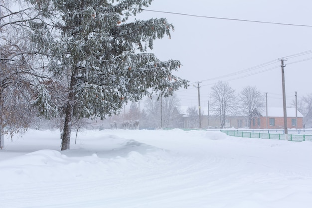 冬、田舎の通りは雪で覆われています。吹雪