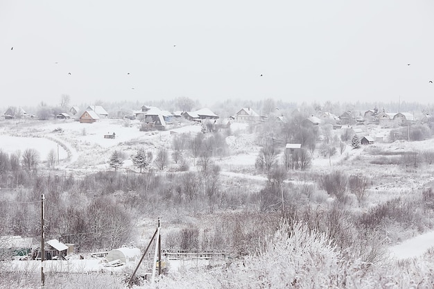 Inverno nel villaggio russo / paesaggio invernale, foresta in russia, alberi innevati nella provincia