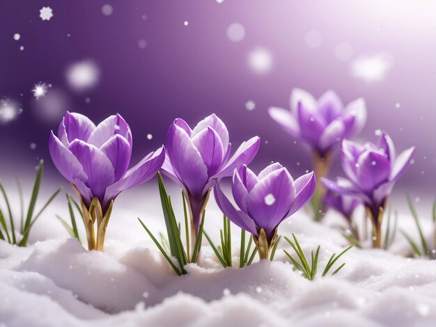 Winter's Elegance Purple Spring Crocus Flowers Emerging in the Snow