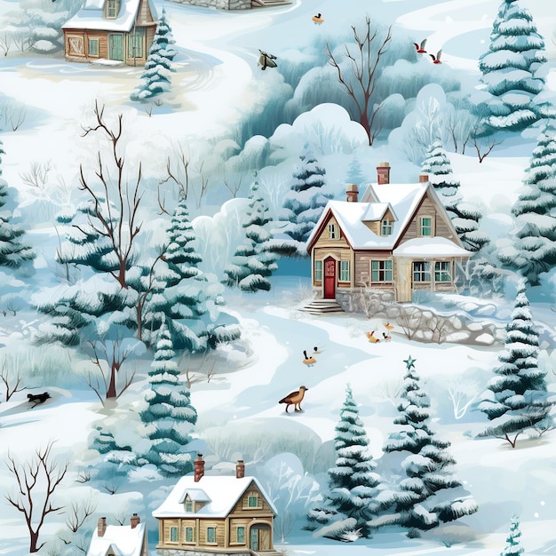 Winter's Embrace Naadloos dorp scene Sneeuwbliss amp Nostalgische charme Digitale papierkunst