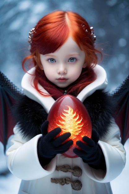 Winter's Fire Guardian Albino Girl with Dragon Eyes and a Mysterious Egg