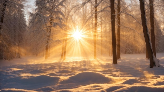 Foto la luce solare sacra dell'illuminazione invernale attraverso gli alberi innevati