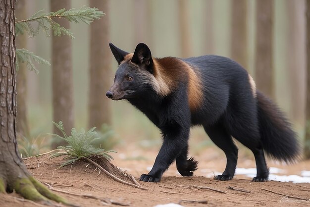 Winter sable foraging in the forest