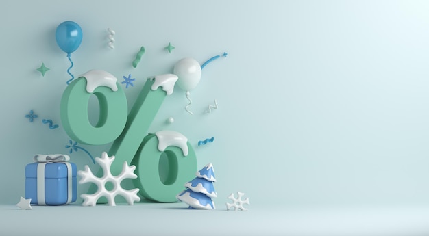 Winter sale decoration background with percent symbol, snowflakes, gift box, balloon