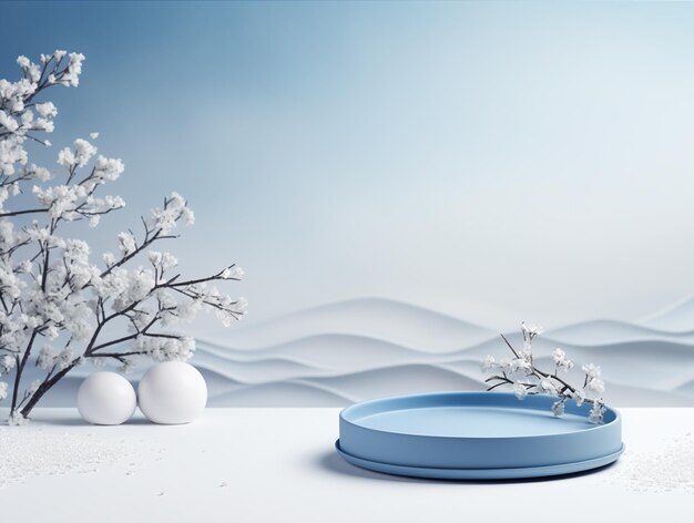 Winter sale product banner podium platform forested landscape and snow background