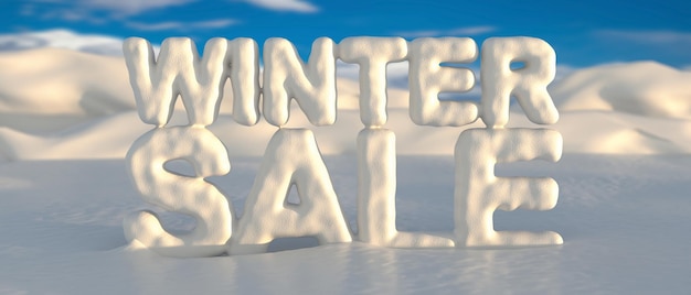 Photo winter sale text covered with snow on a snowy landscape blue sky background 3d illustration