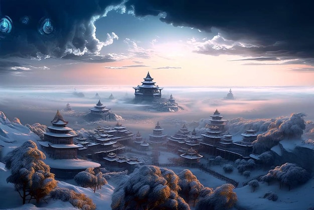 A winter scene of a castle in the clouds