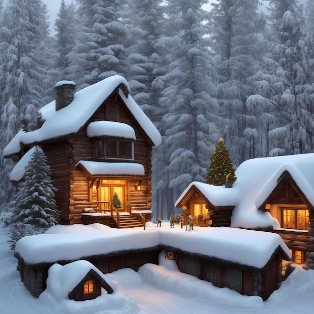 Photo winter scene cozy cabin nestled in a snow covered forest