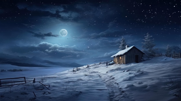 Winter scene an old hut surrounded by snow under a clear moonlit sky