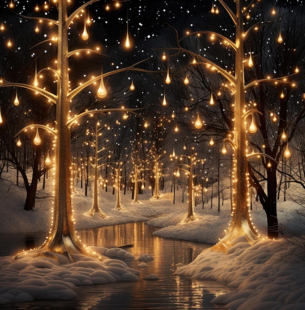 Foto una scena invernale di alberi decorati con luci d'oro