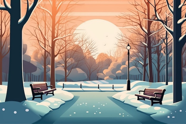 a winter scene with benches and a pond in the background.