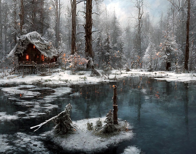 A winter scene with a cabin in the snow