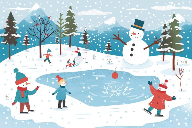 Photo a winter scene with children skating a snowman and snowcovered trees