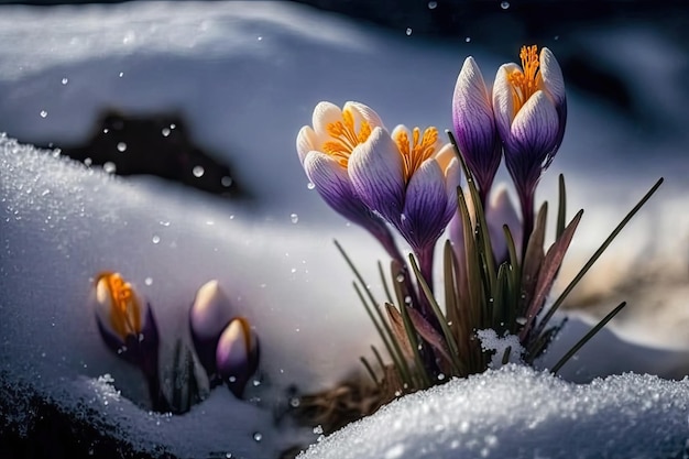 Winter scene with closeup of crocus blooms against snowy background