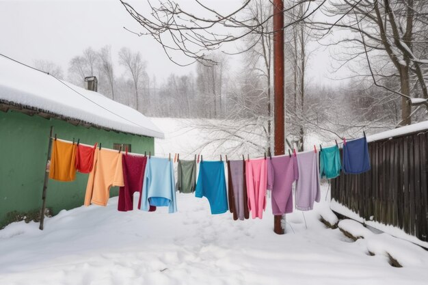 Зимняя сцена с красочной одеждой, сохнущей на белом снегу, созданная с помощью генеративного ИИ