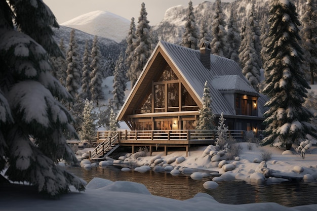 A winter scene with a cozy snowcovered chalet in a 00328 03