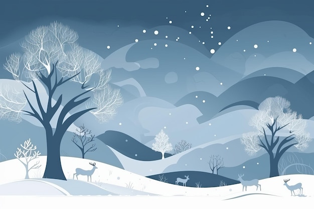 A winter scene with a deer and trees in the snow