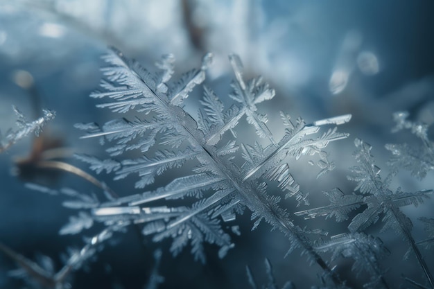 Winter Scene with Delicate Snowflakes and Frost CloseUp