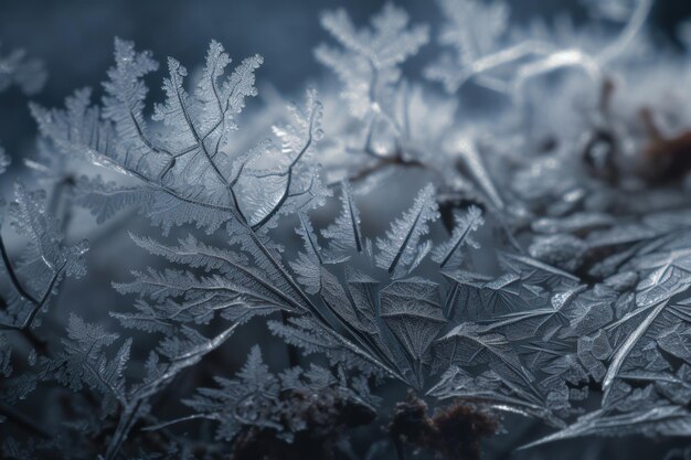 Winter Scene with Delicate Snowflakes and Frost CloseUp