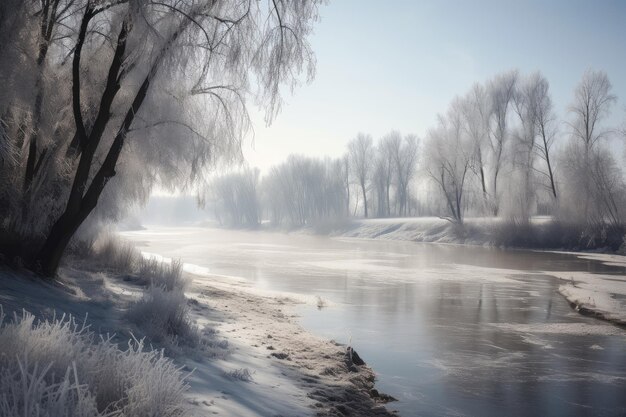 Winter scene with frozen river and still trees visible in the background