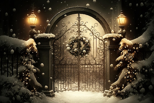 A winter scene with a gate and wreaths on it.