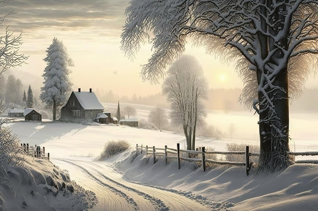 A winter scene with a house and a fence