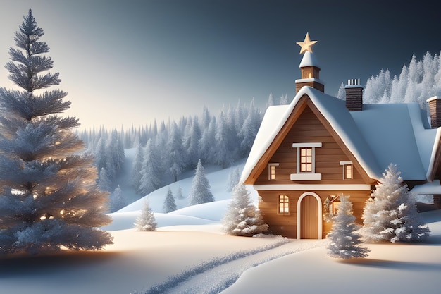 写真 冬の風景木製の家冬の雪森クリスマスツリー 4k 壁紙