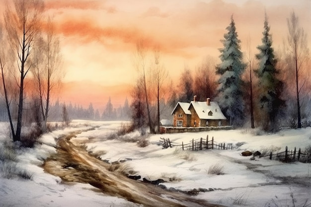 A winter scene with a house in the snow