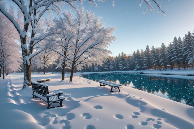 A winter scene with a lake and benches covered in snow.