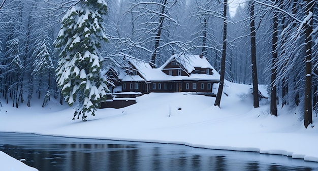 A winter scene with a lake and a house in the snow.