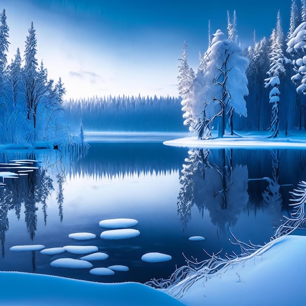 A winter scene with a lake and trees covered in snow