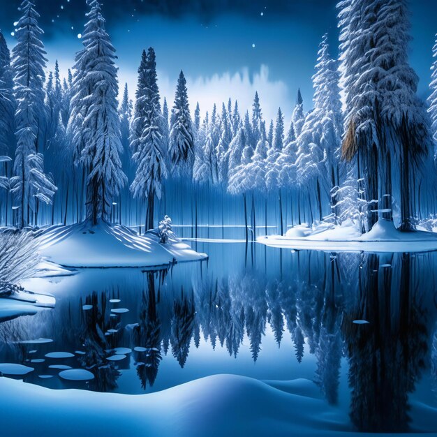 Photo a winter scene with a lake and trees covered in snow.