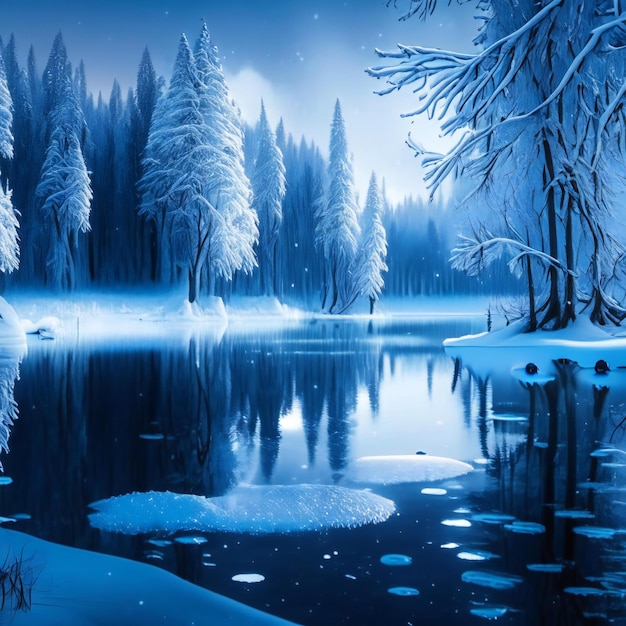 A winter scene with a lake and trees covered in snow