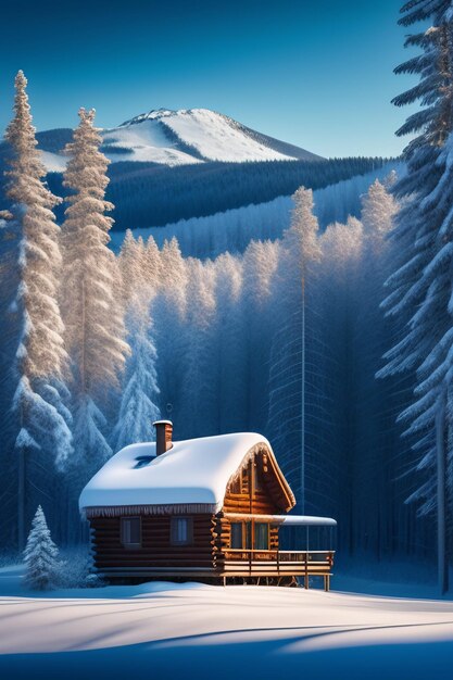 A winter scene with a log cabin in the snow.