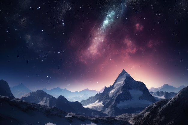 Winter scene with a majestic mountain peak a starfilled sky nebula and comet generative ai