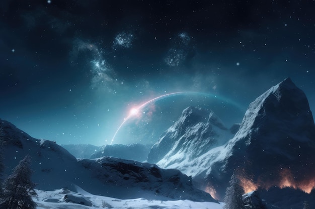 Winter scene with a majestic mountain peak a starfilled sky nebula and comet Generative AI