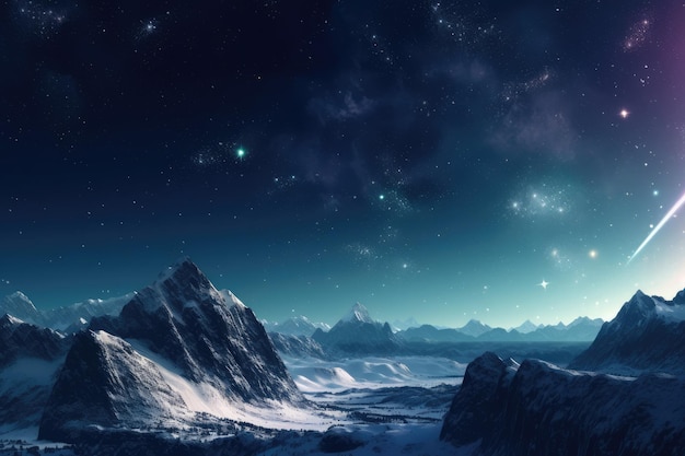 Winter scene with a majestic mountain peak a starfilled sky nebula and comet Generative AI