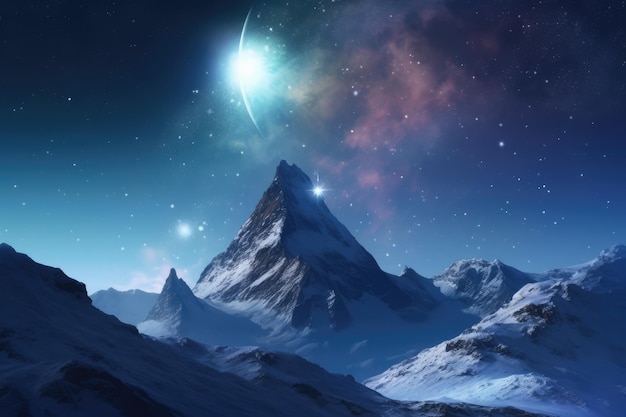 Winter scene with a majestic mountain peak a starfilled sky nebula and comet Generative AI