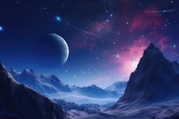 장엄한 산봉우리 별이 가득한 하늘 성운과 혜성 생성 인공 지능이 있는 겨울 장면