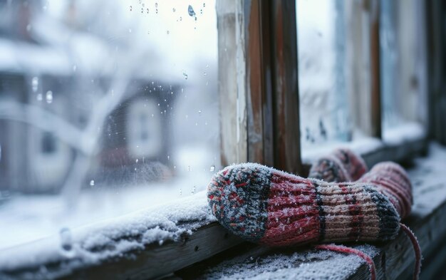 Foto scena invernale con guanti posizionati su finestre ghiacciate